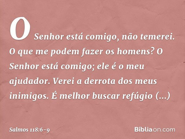 O Senhor está comigo, não temerei.
O que me podem fazer os homens? O Senhor está comigo;
ele é o meu ajudador.
Verei a derrota dos meus inimigos. É melhor busca