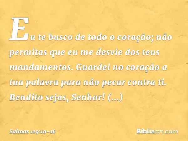 Eu te busco de todo o coração;
não permitas que eu me desvie
dos teus mandamentos. Guardei no coração a tua palavra
para não pecar contra ti. Bendito sejas, Sen