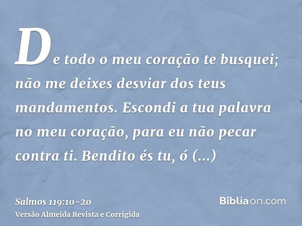 De todo o meu coração te busquei; não me deixes desviar dos teus mandamentos.Escondi a tua palavra no meu coração, para eu não pecar contra ti.Bendito és tu, ó 