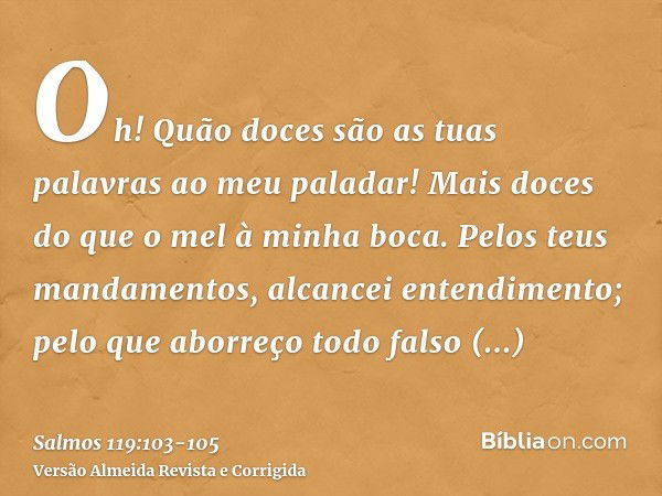 Oh! Quão doces são as tuas palavras ao meu paladar! Mais doces do que o mel à minha boca.Pelos teus mandamentos, alcancei entendimento; pelo que aborreço todo f