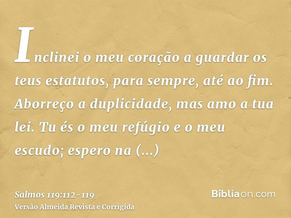 Inclinei o meu coração a guardar os teus estatutos, para sempre, até ao fim.Aborreço a duplicidade, mas amo a tua lei.Tu és o meu refúgio e o meu escudo; espero