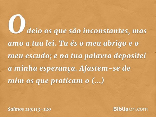 Odeio os que são inconstantes,
mas amo a tua lei. Tu és o meu abrigo e o meu escudo;
e na tua palavra depositei a minha esperança. Afastem-se de mim os que prat