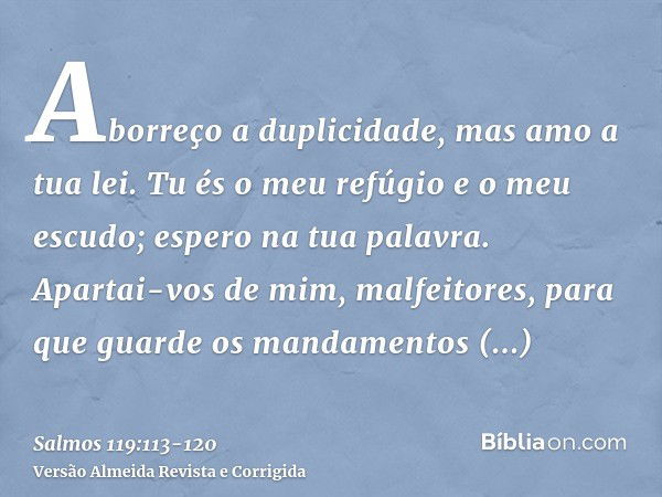 Aborreço a duplicidade, mas amo a tua lei.Tu és o meu refúgio e o meu escudo; espero na tua palavra.Apartai-vos de mim, malfeitores, para que guarde os mandamen