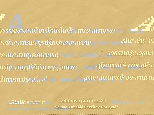 Aborreço a duplicidade, mas amo a tua lei.Tu és o meu refúgio e o meu escudo; espero na tua palavra.Apartai-vos de mim, malfeitores, para que guarde os mandamen