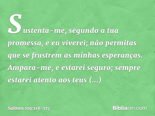 Sustenta-me, segundo a tua promessa,
e eu viverei;
não permitas que se frustrem
as minhas esperanças. Ampara-me, e estarei seguro;
sempre estarei atento aos teu