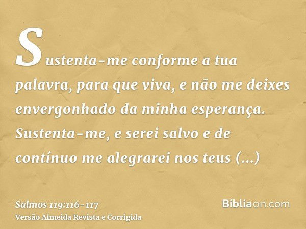 Sustenta-me conforme a tua palavra, para que viva, e não me deixes envergonhado da minha esperança.Sustenta-me, e serei salvo e de contínuo me alegrarei nos teu