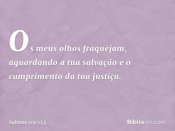 Os meus olhos fraquejam,
aguardando a tua salvação
e o cumprimento da tua justiça. -- Salmo 119:123