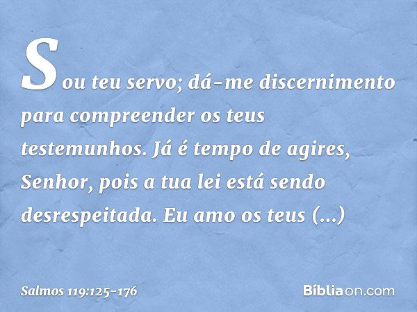 Sou teu servo; dá-me discernimento
para compreender os teus testemunhos. Já é tempo de agires, Senhor,
pois a tua lei está sendo desrespeitada. Eu amo os teus m