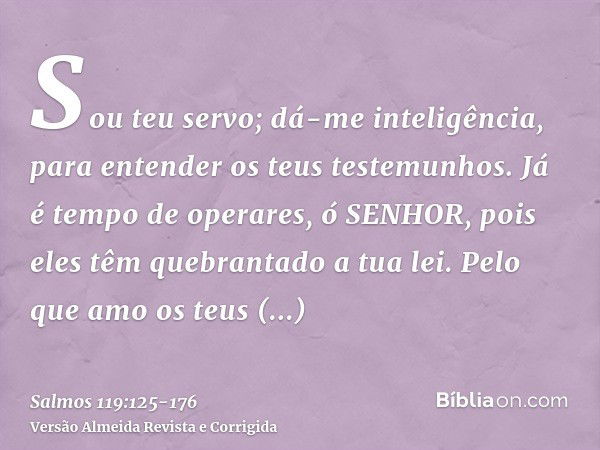 Sou teu servo; dá-me inteligência, para entender os teus testemunhos.Já é tempo de operares, ó SENHOR, pois eles têm quebrantado a tua lei.Pelo que amo os teus 