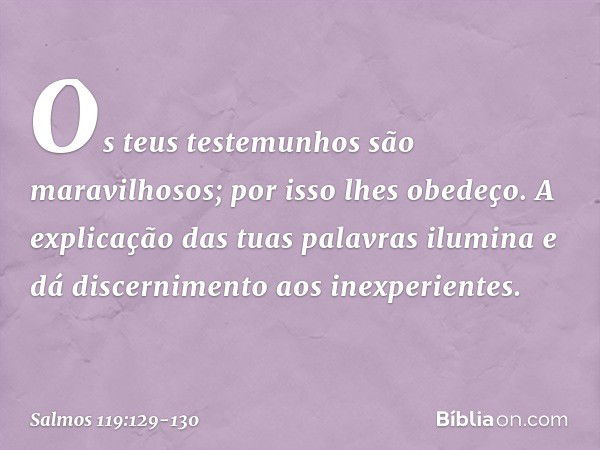 Os teus testemunhos são maravilhosos;
por isso lhes obedeço. A explicação das tuas palavras ilumina
e dá discernimento aos inexperientes. -- Salmo 119:129-130