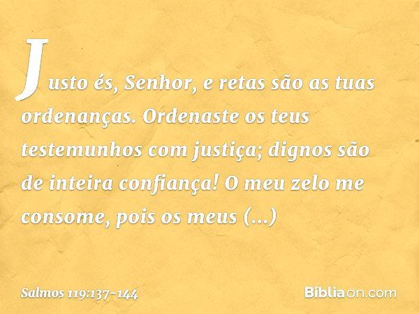 Justo és, Senhor,
e retas são as tuas ordenanças. Ordenaste os teus testemunhos com justiça;
dignos são de inteira confiança! O meu zelo me consome,
pois os meu