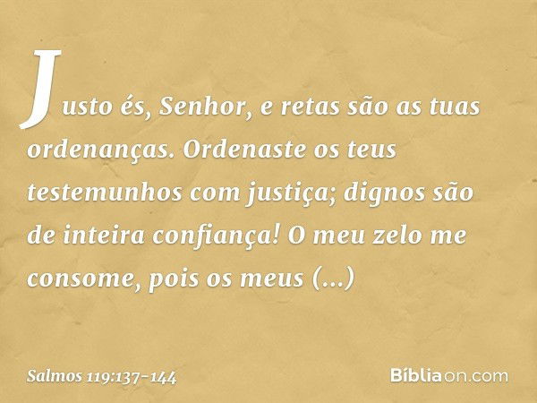 Justo és, Senhor,
e retas são as tuas ordenanças. Ordenaste os teus testemunhos com justiça;
dignos são de inteira confiança! O meu zelo me consome,
pois os meu