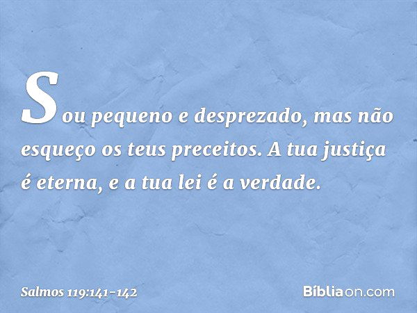 Sou pequeno e desprezado,
mas não esqueço os teus preceitos. A tua justiça é eterna,
e a tua lei é a verdade. -- Salmo 119:141-142