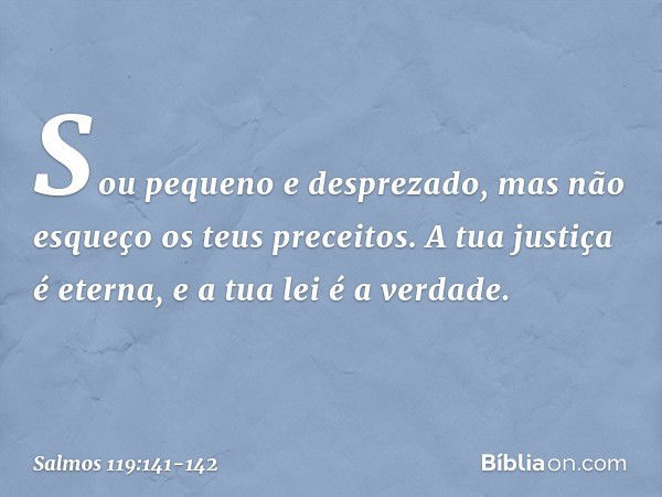 Sou pequeno e desprezado,
mas não esqueço os teus preceitos. A tua justiça é eterna,
e a tua lei é a verdade. -- Salmo 119:141-142