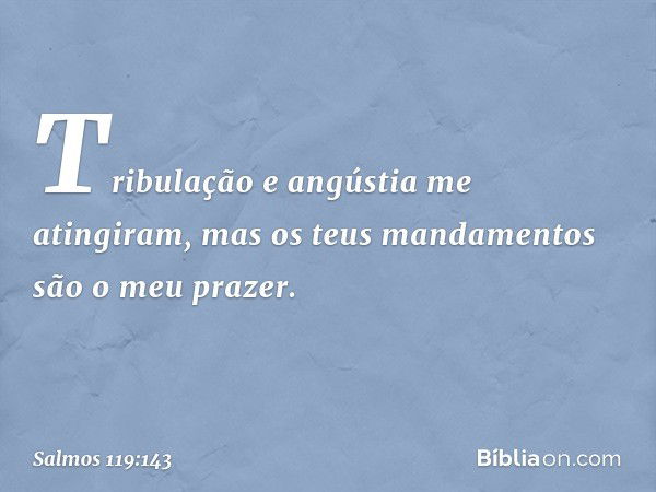 Tribulação e angústia me atingiram,
mas os teus mandamentos são o meu prazer. -- Salmo 119:143