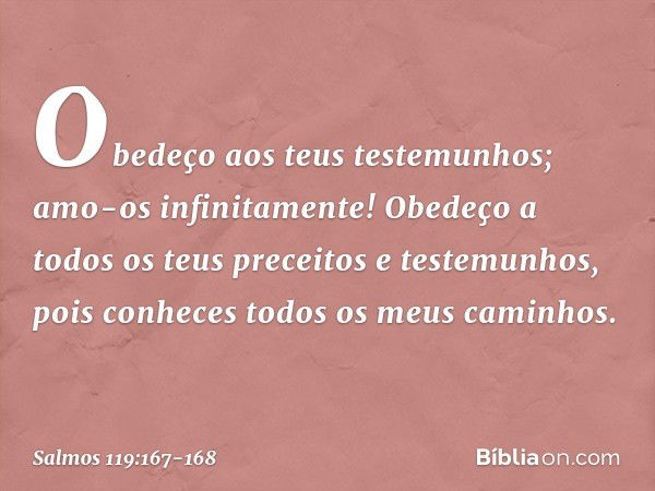 Obedeço aos teus testemunhos;
amo-os infinitamente! Obedeço a todos os teus preceitos
e testemunhos,
pois conheces todos os meus caminhos. -- Salmo 119:167-168