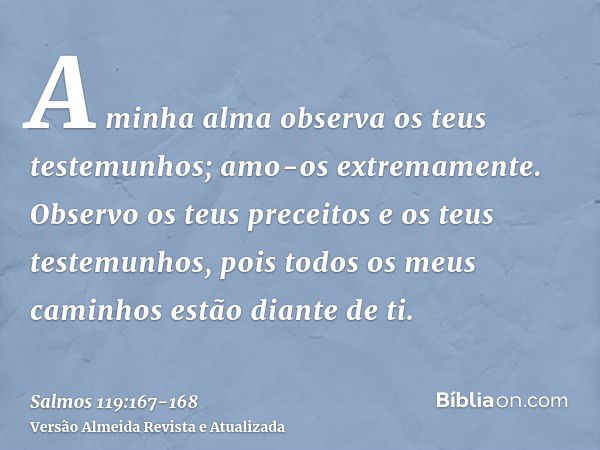 A minha alma observa os teus testemunhos; amo-os extremamente.Observo os teus preceitos e os teus testemunhos, pois todos os meus caminhos estão diante de ti.