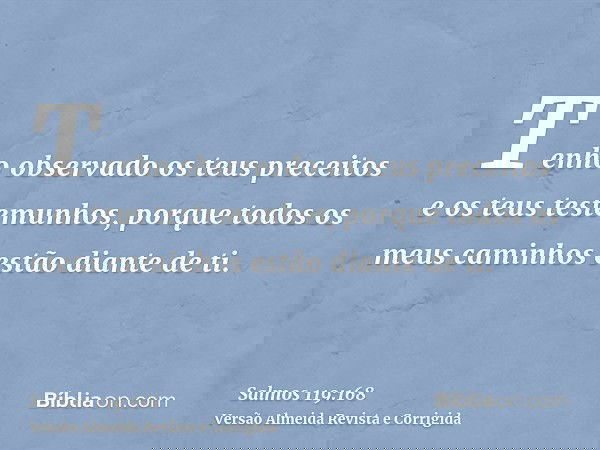 Tenho observado os teus preceitos e os teus testemunhos, porque todos os meus caminhos estão diante de ti.