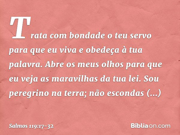 Trata com bondade o teu servo
para que eu viva e obedeça à tua palavra. Abre os meus olhos
para que eu veja as maravilhas da tua lei. Sou peregrino na terra;
nã