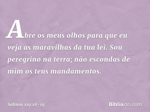 Abre os meus olhos
para que eu veja as maravilhas da tua lei. Sou peregrino na terra;
não escondas de mim os teus
mandamentos. -- Salmo 119:18-19