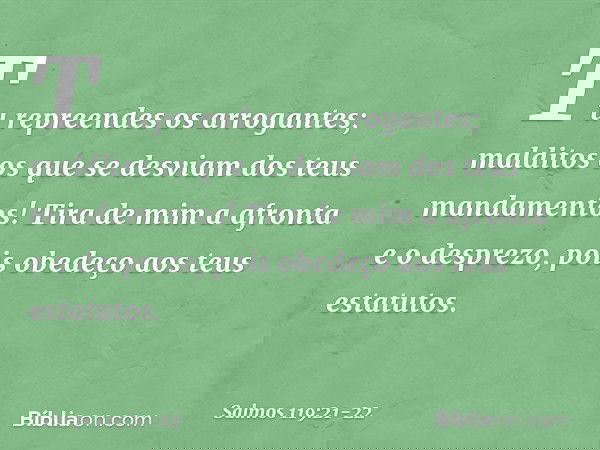 Tu repreendes os arrogantes;
malditos os que se desviam
dos teus mandamentos! Tira de mim a afronta e o desprezo,
pois obedeço aos teus estatutos. -- Salmo 119: