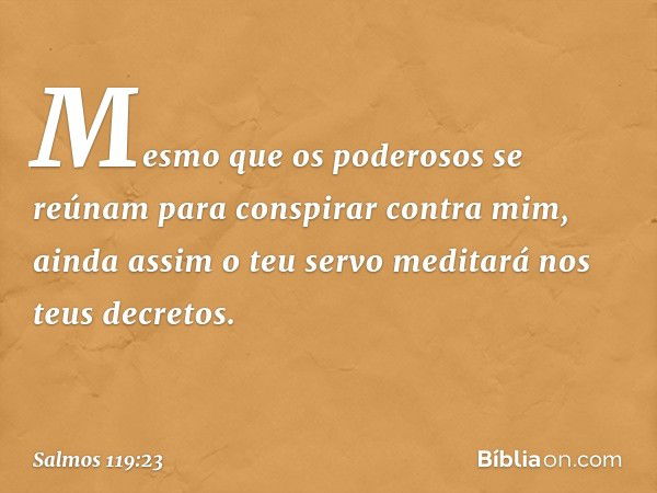 Mesmo que os poderosos se reúnam
para conspirar contra mim,
ainda assim o teu servo meditará
nos teus decretos. -- Salmo 119:23