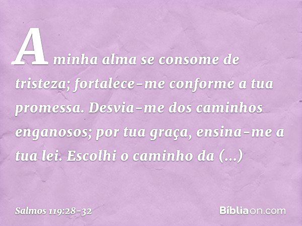 A minha alma se consome de tristeza;
fortalece-me conforme a tua promessa. Desvia-me dos caminhos enganosos;
por tua graça, ensina-me a tua lei. Escolhi o camin