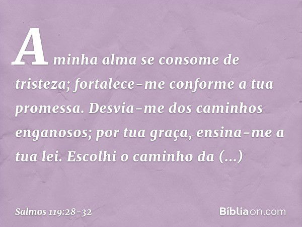 A minha alma se consome de tristeza;
fortalece-me conforme a tua promessa. Desvia-me dos caminhos enganosos;
por tua graça, ensina-me a tua lei. Escolhi o camin