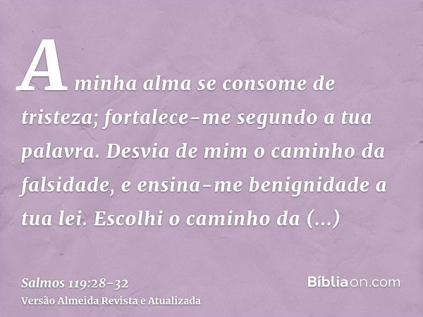 A minha alma se consome de tristeza; fortalece-me segundo a tua palavra.Desvia de mim o caminho da falsidade, e ensina-me benignidade a tua lei.Escolhi o caminh