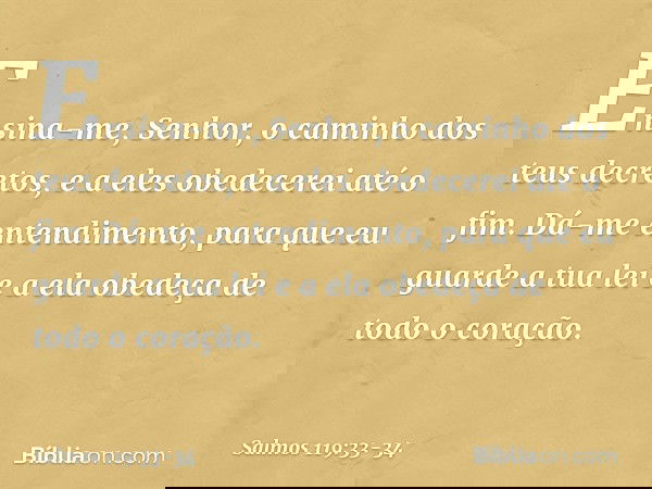 Ensina-me, Senhor,
o caminho dos teus decretos,
e a eles obedecerei até o fim. Dá-me entendimento,
para que eu guarde a tua lei
e a ela obedeça de todo o coraçã