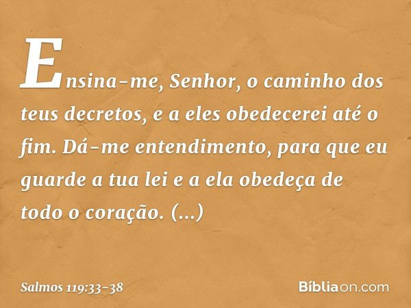 Ensina-me, Senhor,
o caminho dos teus decretos,
e a eles obedecerei até o fim. Dá-me entendimento,
para que eu guarde a tua lei
e a ela obedeça de todo o coraçã