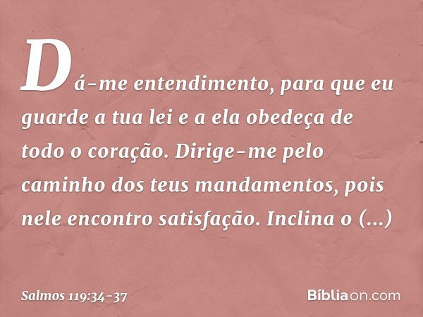 Dá-me entendimento,
para que eu guarde a tua lei
e a ela obedeça de todo o coração. Dirige-me pelo caminho
dos teus mandamentos,
pois nele encontro satisfação. 