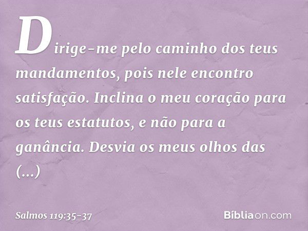 Dirige-me pelo caminho
dos teus mandamentos,
pois nele encontro satisfação. Inclina o meu coração para os teus estatutos,
e não para a ganância. Desvia os meus 