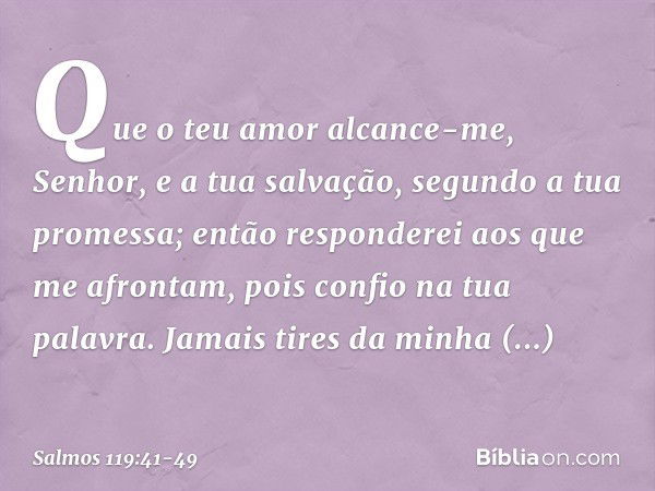 Que o teu amor alcance-me, Senhor,
e a tua salvação, segundo a tua promessa; então responderei aos que me afrontam,
pois confio na tua palavra. Jamais tires da 