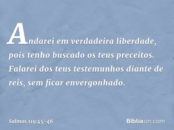 Andarei em verdadeira liberdade,
pois tenho buscado os teus preceitos. Falarei dos teus testemunhos diante de reis,
sem ficar envergonhado. -- Salmo 119:45-46