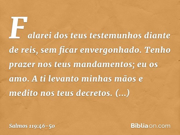 Falarei dos teus testemunhos diante de reis,
sem ficar envergonhado. Tenho prazer nos teus mandamentos;
eu os amo. A ti levanto minhas mãos
e medito nos teus de