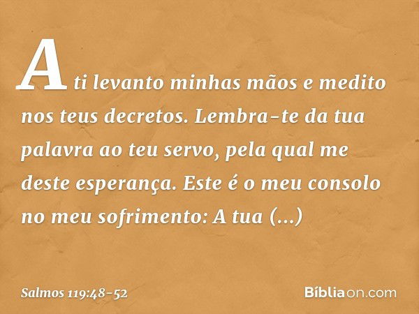 A ti levanto minhas mãos
e medito nos teus decretos. Lembra-te da tua palavra ao teu servo,
pela qual me deste esperança. Este é o meu consolo no meu sofrimento