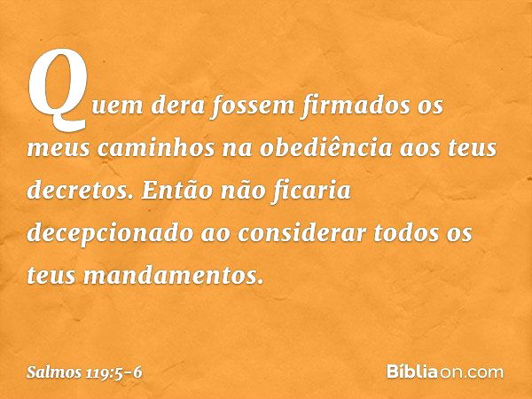 Quem dera fossem firmados os meus caminhos
na obediência aos teus decretos. Então não ficaria decepcionado
ao considerar todos os teus mandamentos. -- Salmo 119