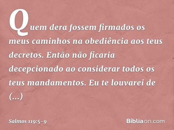 Quem dera fossem firmados os meus caminhos
na obediência aos teus decretos. Então não ficaria decepcionado
ao considerar todos os teus mandamentos. Eu te louvar