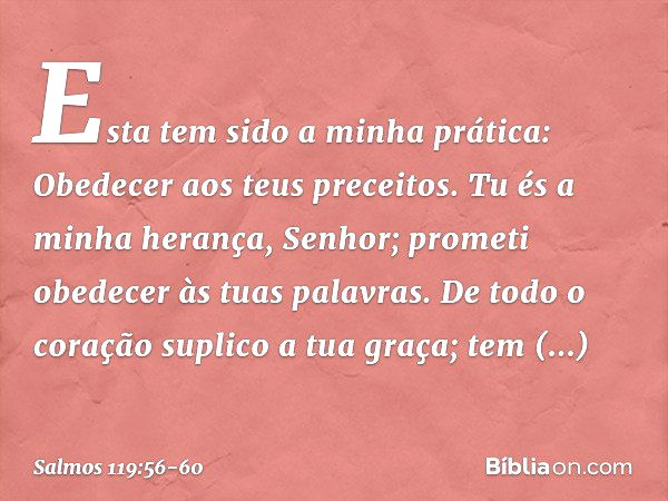 Esta tem sido a minha prática:
Obedecer aos teus preceitos. Tu és a minha herança, Senhor;
prometi obedecer às tuas palavras. De todo o coração suplico a tua gr