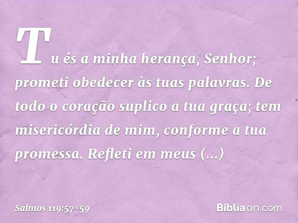 Tu és a minha herança, Senhor;
prometi obedecer às tuas palavras. De todo o coração suplico a tua graça;
tem misericórdia de mim,
conforme a tua promessa. Refle