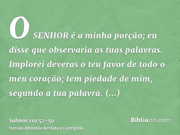 O SENHOR é a minha porção; eu disse que observaria as tuas palavras.Implorei deveras o teu favor de todo o meu coração; tem piedade de mim, segundo a tua palavr