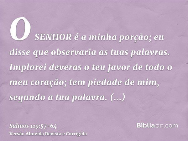 O SENHOR é a minha porção; eu disse que observaria as tuas palavras.Implorei deveras o teu favor de todo o meu coração; tem piedade de mim, segundo a tua palavr