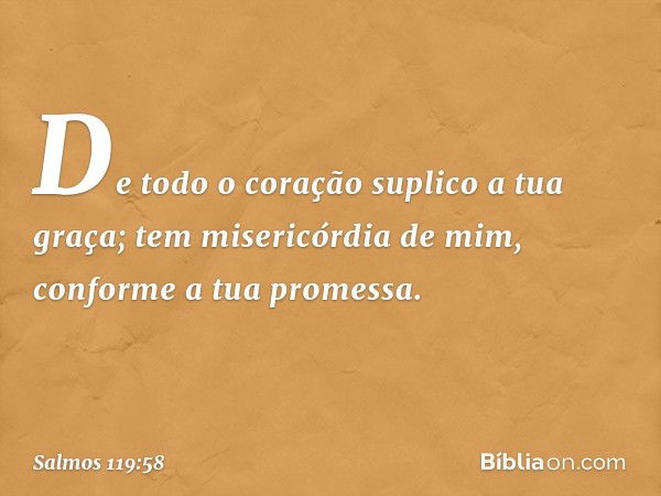 De todo o coração suplico a tua graça;
tem misericórdia de mim,
conforme a tua promessa. -- Salmo 119:58