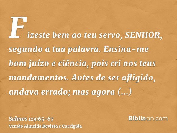 Fizeste bem ao teu servo, SENHOR, segundo a tua palavra.Ensina-me bom juízo e ciência, pois cri nos teus mandamentos.Antes de ser afligido, andava errado; mas a