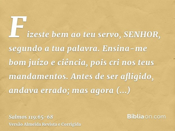 Fizeste bem ao teu servo, SENHOR, segundo a tua palavra.Ensina-me bom juízo e ciência, pois cri nos teus mandamentos.Antes de ser afligido, andava errado; mas a