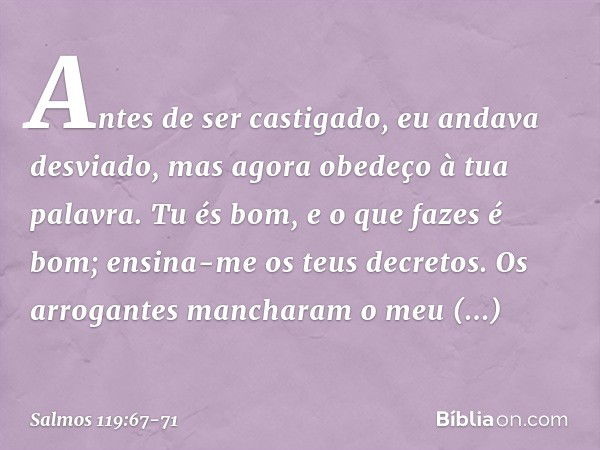 Antes de ser castigado, eu andava desviado,
mas agora obedeço à tua palavra. Tu és bom, e o que fazes é bom;
ensina-me os teus decretos. Os arrogantes mancharam