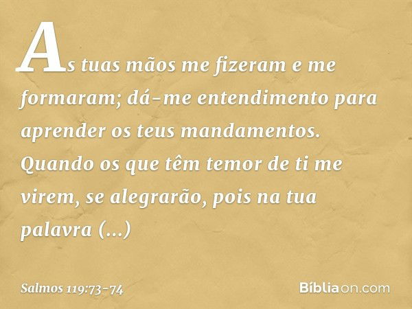 As tuas mãos me fizeram e me formaram;
dá-me entendimento para aprender
os teus mandamentos. Quando os que têm temor de ti me virem,
se alegrarão,
pois na tua p