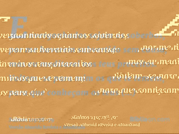 Envergonhados sejam os soberbos, por me haverem subvertido sem causa; mas eu meditarei nos teus preceitos.Voltem-se para mim os que te temem, para que conheçam