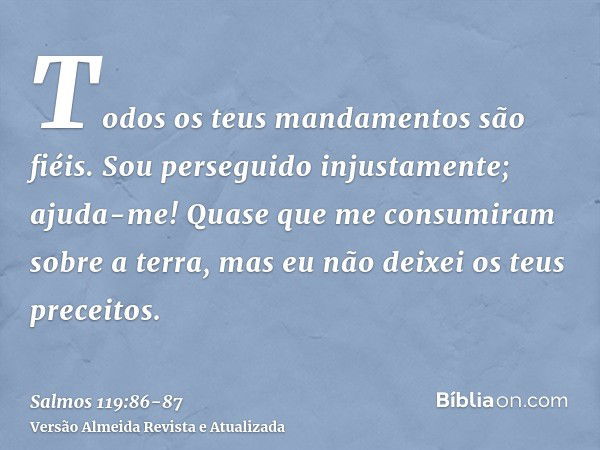 Todos os teus mandamentos são fiéis. Sou perseguido injustamente; ajuda-me!Quase que me consumiram sobre a terra, mas eu não deixei os teus preceitos.